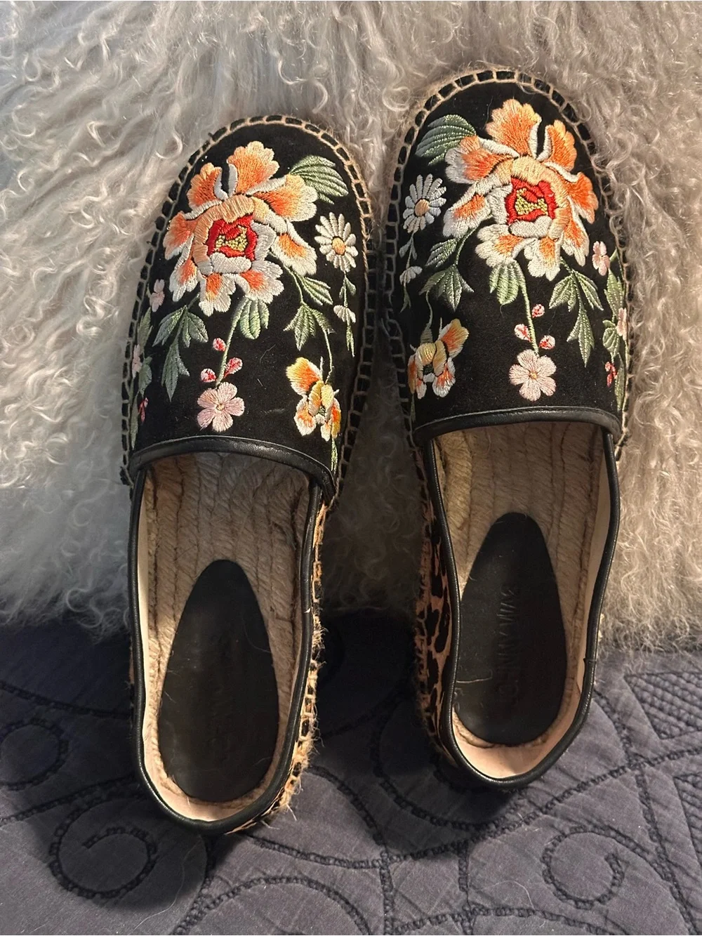 Johnny Was Embroidered Floral Black & Leopard Espadrille Slip-On